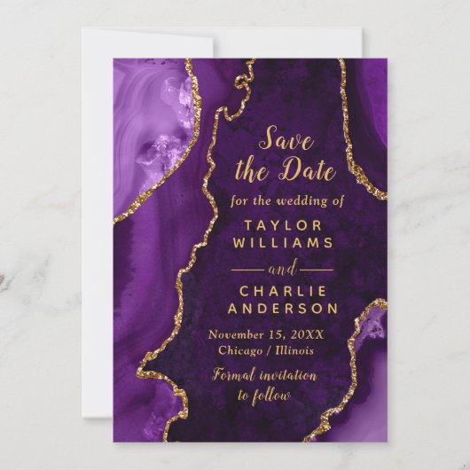 Purple and Gold Agate Marble Save The Date 招待状 (正面)