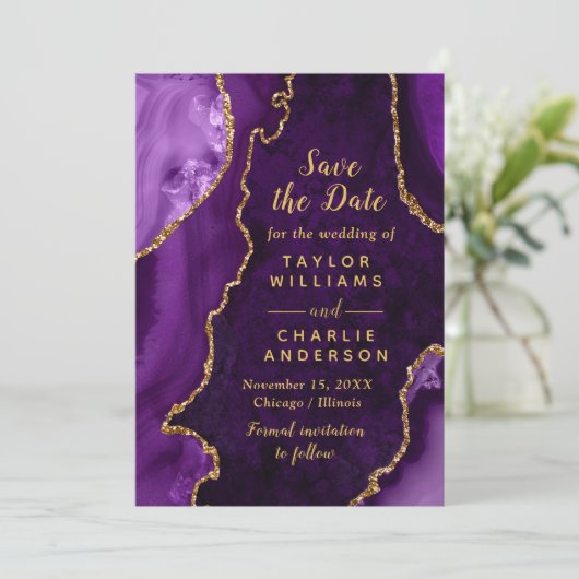 Purple and Gold Agate Marble Save The Date 招待状 (スタンド正面)