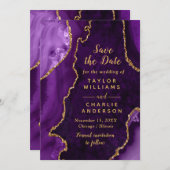 Purple and Gold Agate Marble Save The Date 招待状 (正面/裏面)
