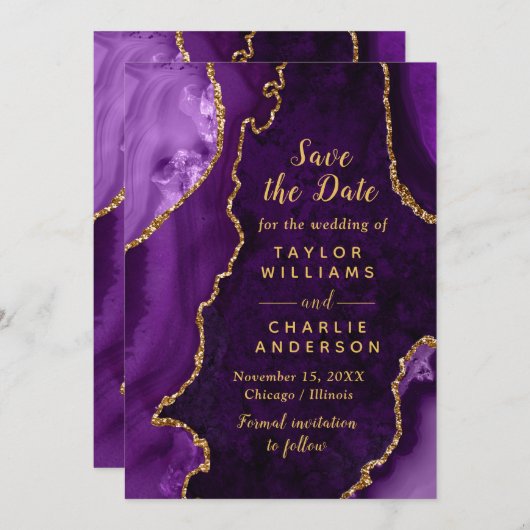 Purple and Gold Agate Marble Save The Date 招待状 (正面/裏面)