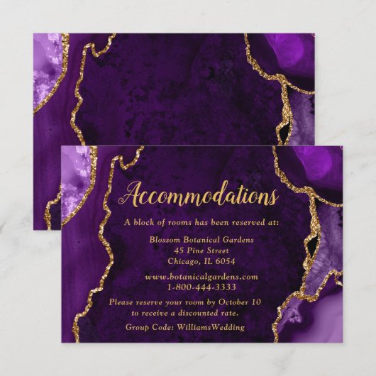 Purple and Gold Agate Wedding Accommodations エンクロージャーカード (正面/裏面)