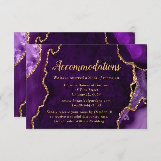 Purple and Gold Agate Wedding Accommodations エンクロージャーカード (正面/裏面)