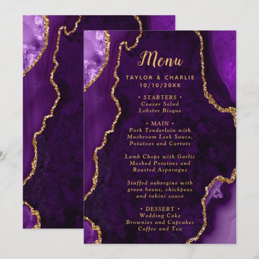 Purple and Gold Agate Wedding Menu メニュー (正面/裏面)