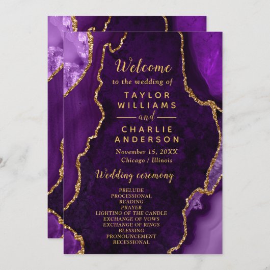 Purple and Gold Agate Wedding Program プログラム (正面/裏面)