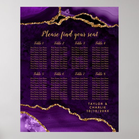 Purple and Gold Agate Wedding Seating Chart ポスター (正面)
