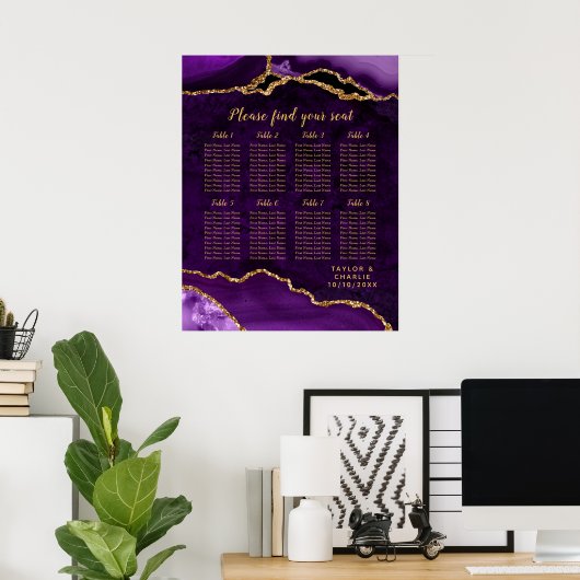 Purple and Gold Agate Wedding Seating Chart ポスター (ホームオフィス)