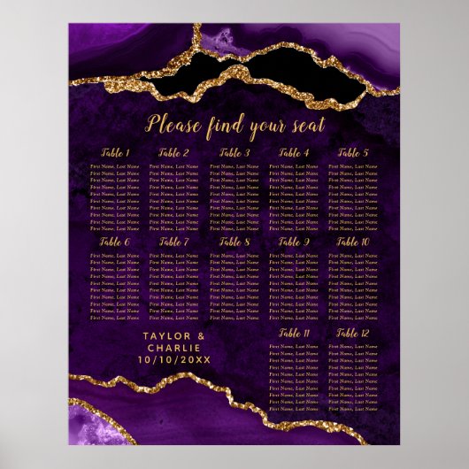 Purple and Gold Agate Wedding Seating Chart ポスター (正面)