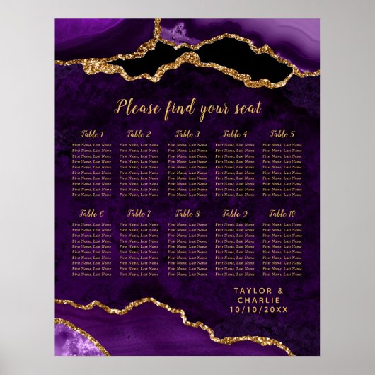 Purple and Gold Agate Wedding Seating Chart ポスター (正面)