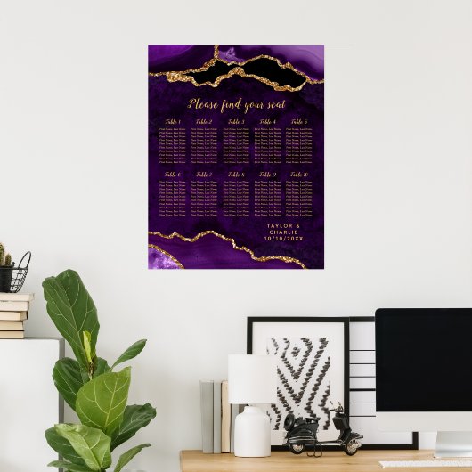 Purple and Gold Agate Wedding Seating Chart ポスター (ホームオフィス)