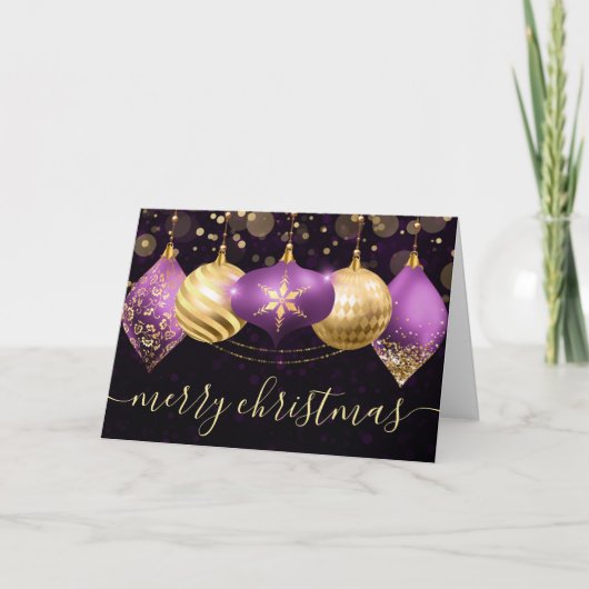 Purple and Gold Christmas Baubles Ornaments シーズンカード (正面)