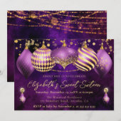 Purple and Gold Christmas Baubles Sweet 16 招待状 (正面/裏面)