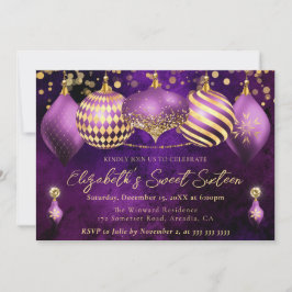 Purple and Gold Christmas Baubles Sweet 16 招待状