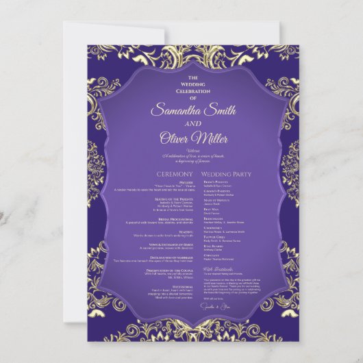 Purple And Gold Elegant Detailed Wedding Program 招待状 (正面)