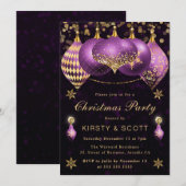 Purple and Gold Glitter Baubles Christmas Party 招待状 (正面/裏面)