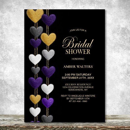 Purple and Gold Hearts Bridal Shower 招待状