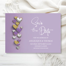Purple and Gold Hearts Wedding Save the Date