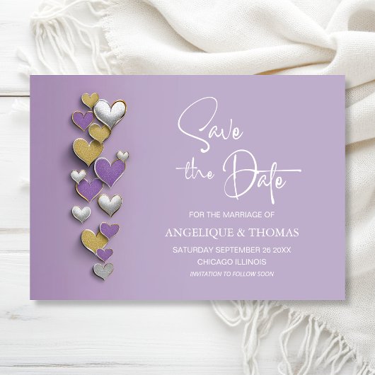 Purple and Gold Hearts Wedding Save the Date セーブザデート