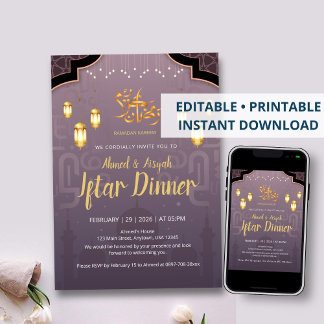 Purple and Gold Islamic Lanterns Iftar Invitation 招待状