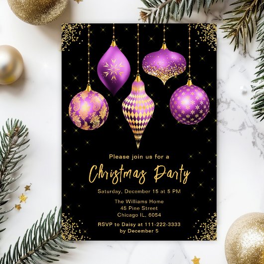 Purple and Gold Ornaments Christmas Party 招待状