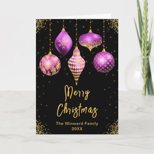 Purple and Gold Ornaments Merry Christmas シーズンカード (正面)