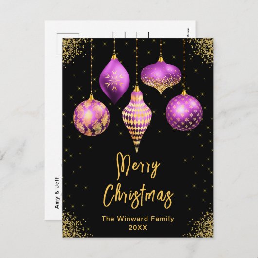 Purple and Gold Ornaments Merry Christmas シーズンポストカード (正面/裏面)