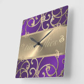 Purple and Gold Time Flies Clock スクエア壁時計 (傾斜)