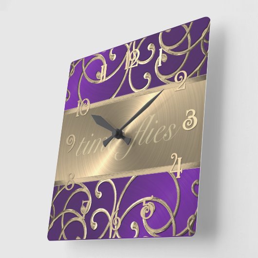 Purple and Gold Time Flies Clock スクエア壁時計 (傾斜)