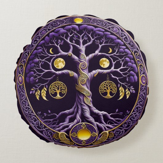 Purple and Gold Tree of Life Mandala ラウンドクッション (正面)