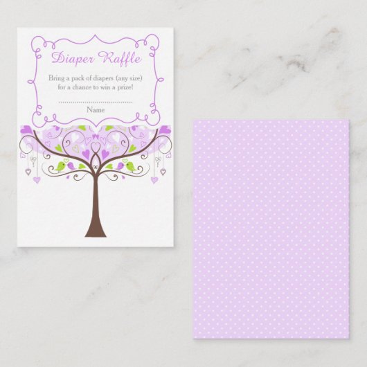 Purple and Green Bird Baby Shower Diaper Raffle エンクロージャーカード (正面/裏面)