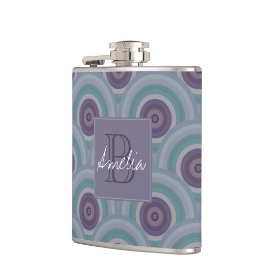 Purple and Green Retro Circles Pattern Monogram フラスク (左)