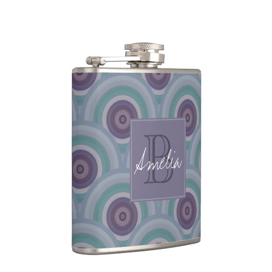 Purple and Green Retro Circles Pattern Monogram フラスク (右)