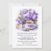 Purple and Lavender Peonies Tea Cup Birthday Party 招待状 (正面)