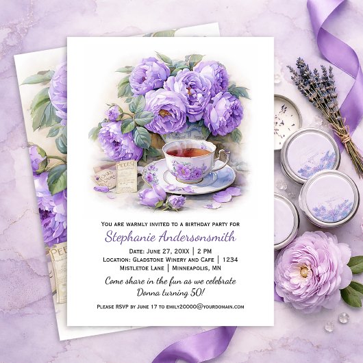 Purple and Lavender Peonies Tea Cup Birthday Party 招待状