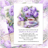 Purple and Lavender Peonies Tea Cup Birthday Party 招待状