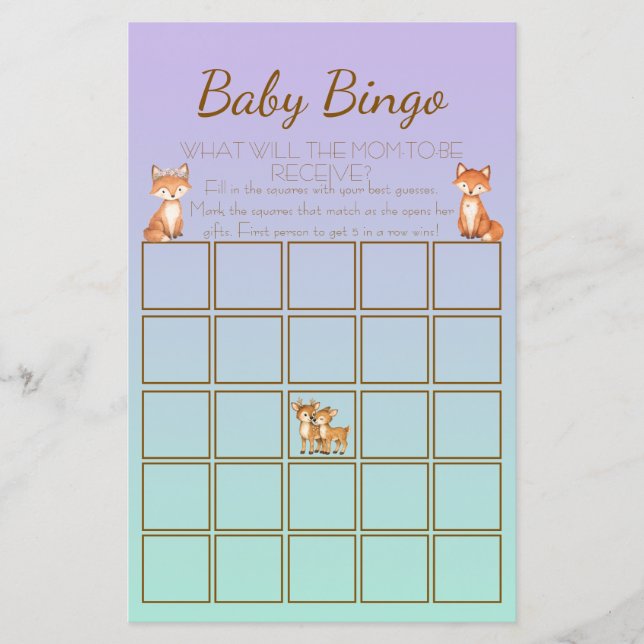 Purple and Mint Woodland Animal Baby Shower Bingo (正面)