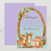 Purple and Mint Woodland Animal Baby Shower Thanks 招待状 (正面/裏面)