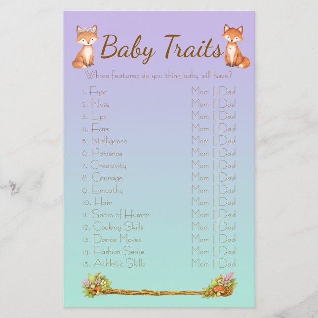 Purple and Mint Woodland Animals Baby Trait (正面)