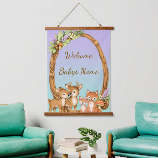 Purple and Mint Woodland Animals Wall Tapestry 吊り下げ型タペストリー