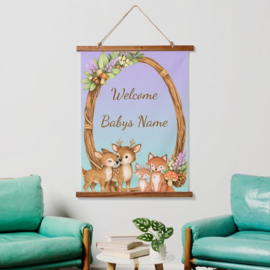 Purple and Mint Woodland Animals Wall Tapestry 吊り下げ型タペストリー (リビング)