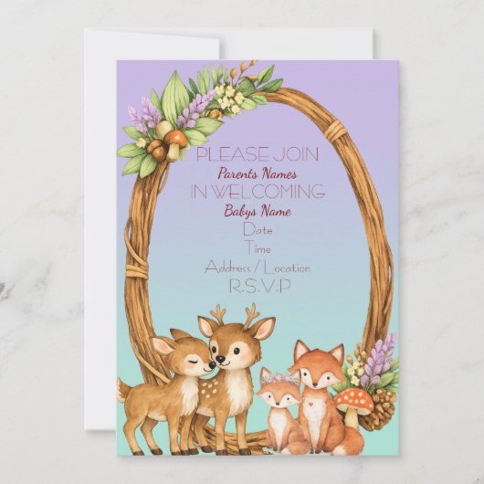 Purple and Mint Woodland Baby Shower Invite 招待状 (正面)