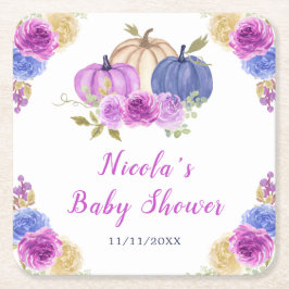 Purple and Navy Blue Floral Pumpkins Baby Shower スクエアペーパーコースター