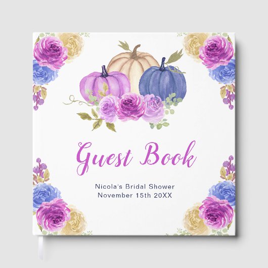 Purple and Navy Blue Floral Pumpkins Bridal Shower ゲストブック (正面)