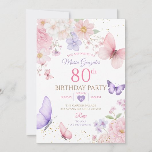 Purple and Pink Floral Butterfly 80th Birthday 招待状 (正面)