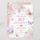 Purple and Pink Floral Butterfly 80th Birthday 招待状 (正面/裏面)