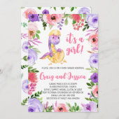 Purple and Pink Floral Dinosaur Baby Shower 招待状 (正面/裏面)