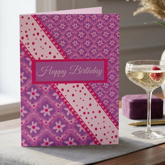 Purple And Pink Flowered Diamond Photo Birthday カード