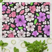 Purple and Pink Flowers and Petals Pattern Black キッチンタオル (折り畳み)