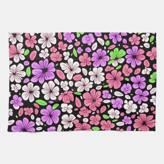 Purple and Pink Flowers and Petals Pattern Black キッチンタオル (横)