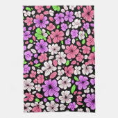 Purple and Pink Flowers and Petals Pattern Black キッチンタオル (縦)
