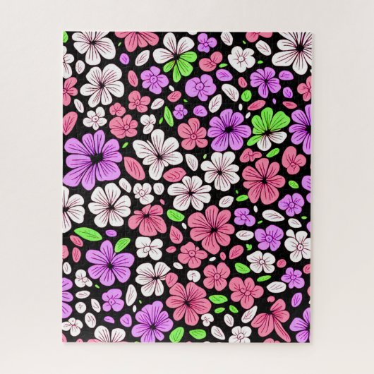 Purple and Pink Flowers and Petals Pattern Black ジグソーパズル (縦)